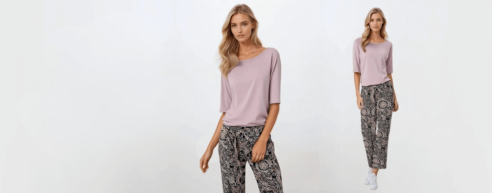 Ensemble détente femme t-shirt rose et pantalon imprimé Femme portant un t-shirt rose pastel à manches mi-longues avec un pantalon fluide imprimé noir et blanc, tenue décontractée et élégante pour la maison ou les sorties casual